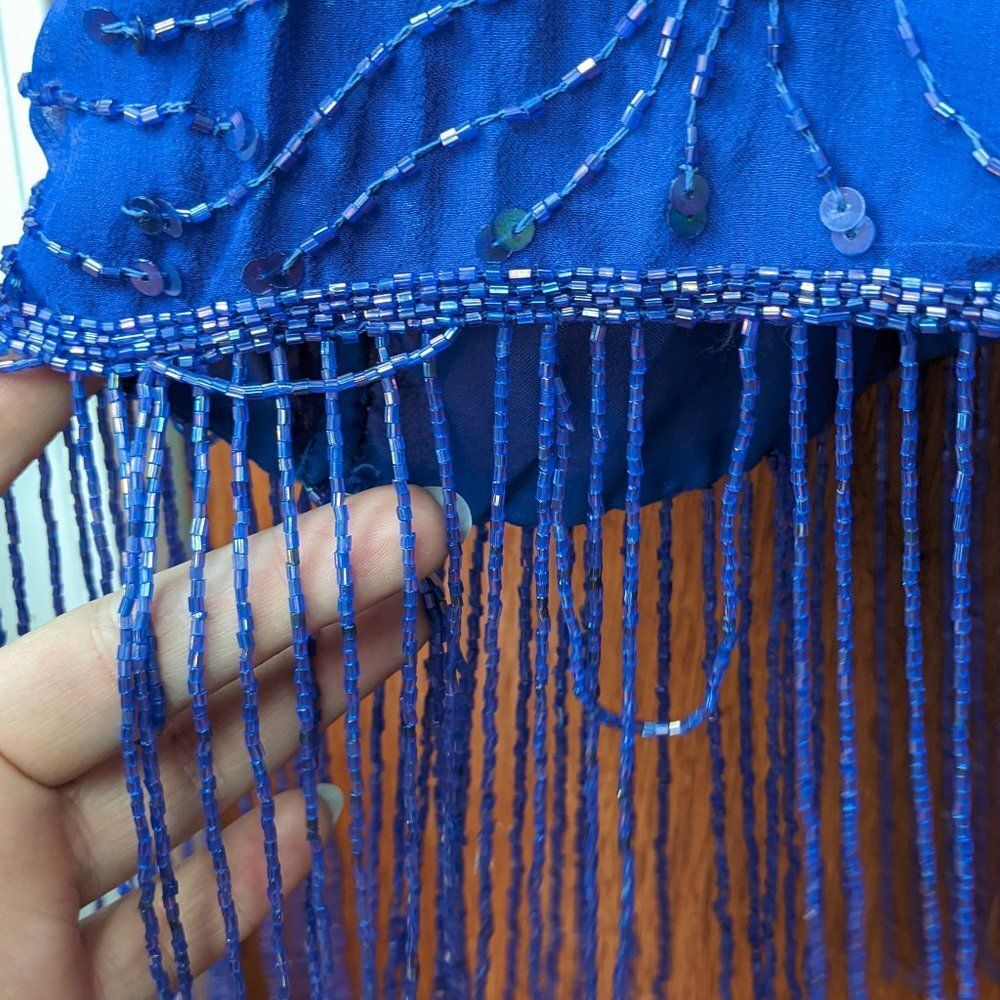 Vintage 80s Blue Sequin & Beaded Fringe Party Dress - Picture 8 of 10